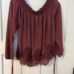 Elegant Burgundy Lace Trim Women's Top